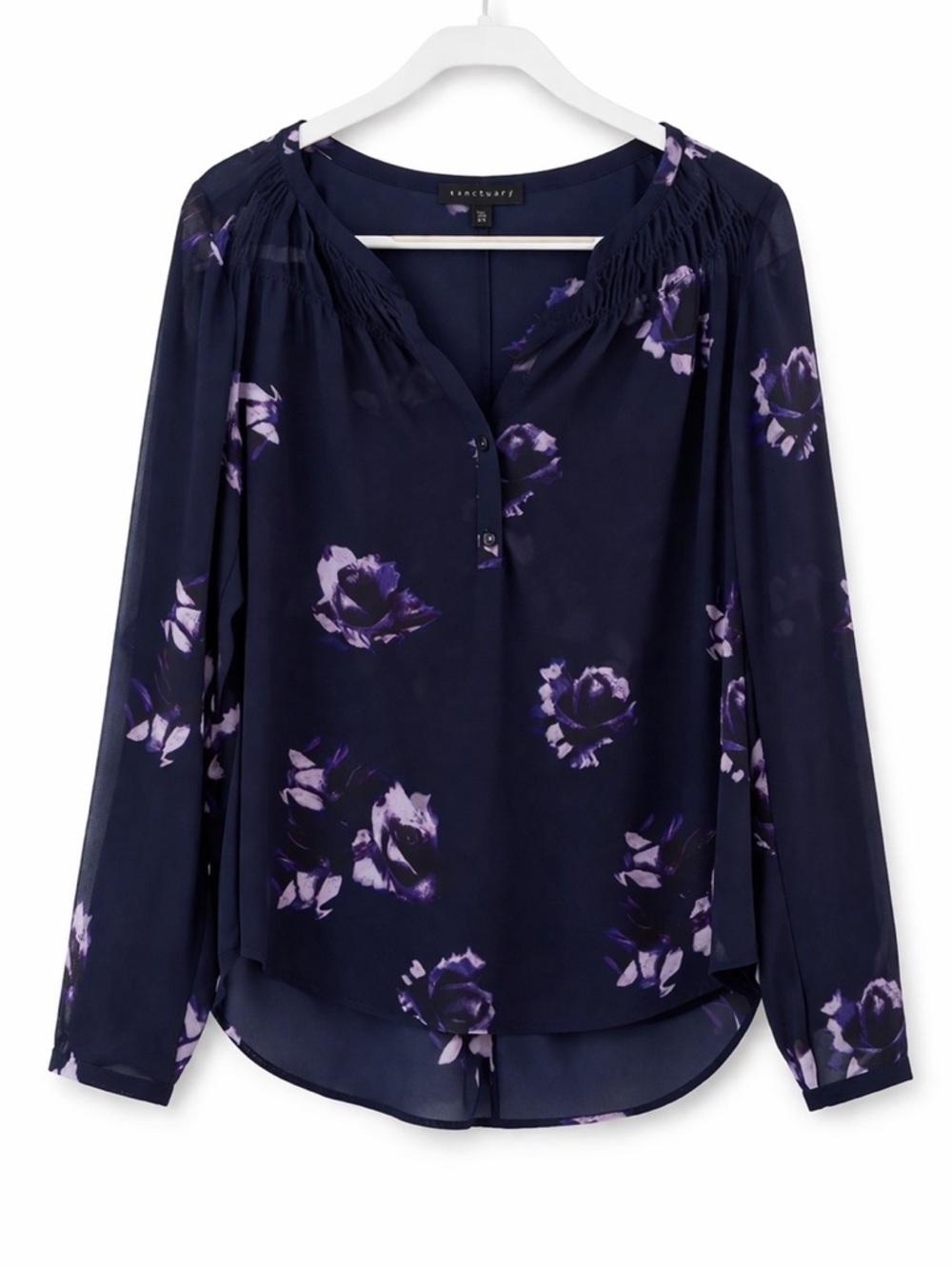 Sanctuary Floral Sheer Blouse Navy Purple Long Sleeve High Low Top Size S